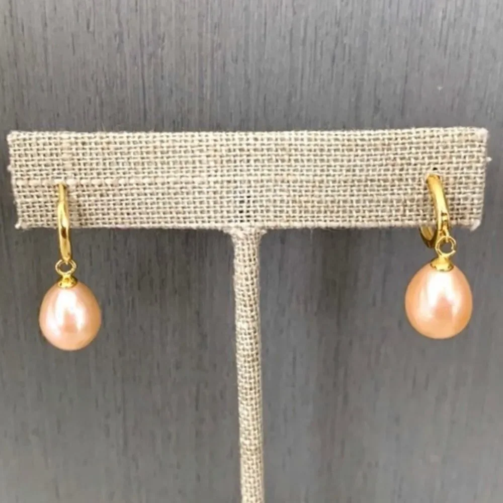 Pink Freshwater Pearl Drop Earrings in Gold Tone